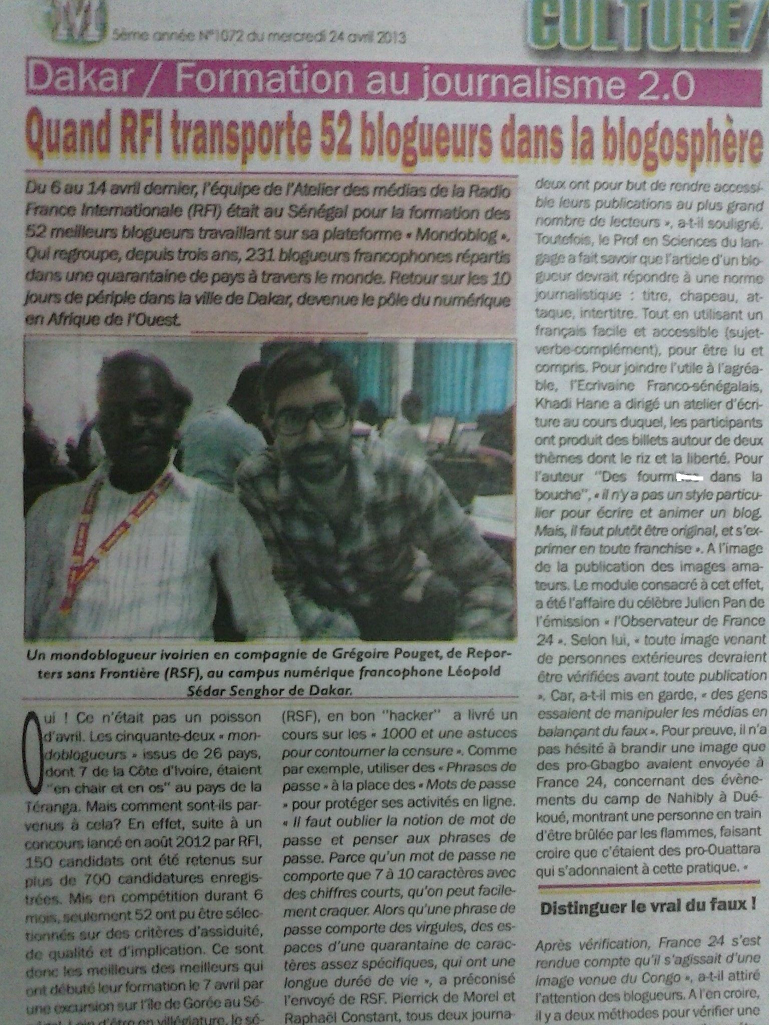 Une vue de la publication du compte rendu de la formation des mondoblogueurs à Dakar, dans un journal ivoirien. Crédit photo: quotidien Le Mandat