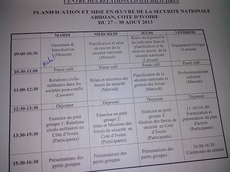 Un aperçu du programme des quatre jours de travaux sur la sécurité ivoirienne. crédit photo: FBI