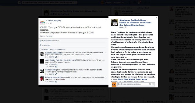 Capture d'écran de commentaires malveillants sur les enlèvements en Côte d'Ivoire.