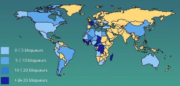 Répartition des mondoblogueurs dans 70 pays dans le monde © Infographie Mondoblog